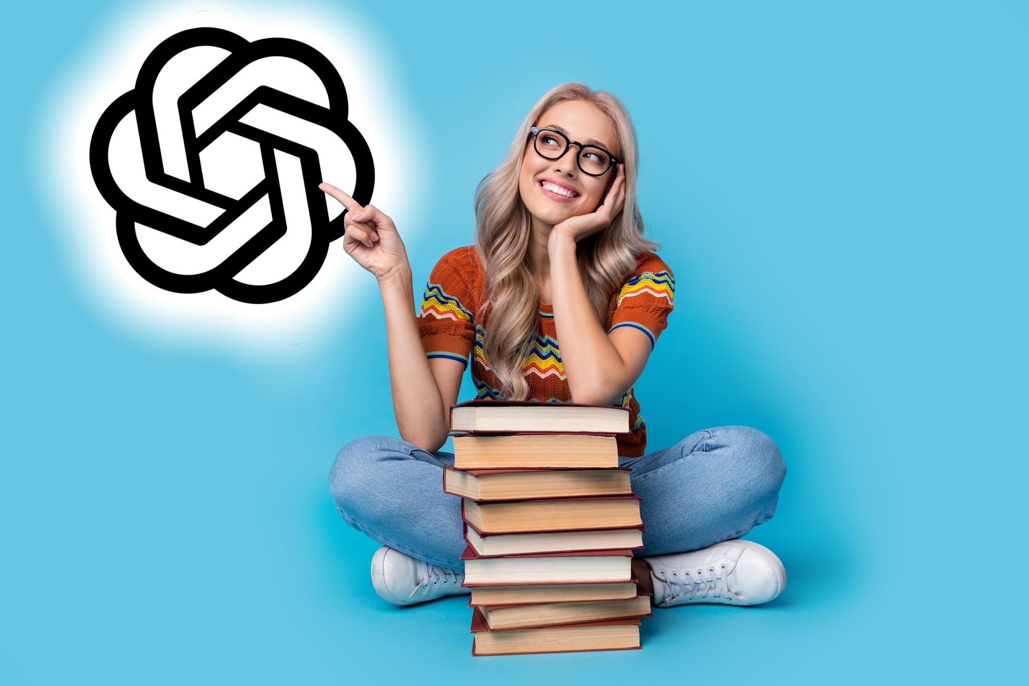 woman with book stack pointing to chatgpt logo