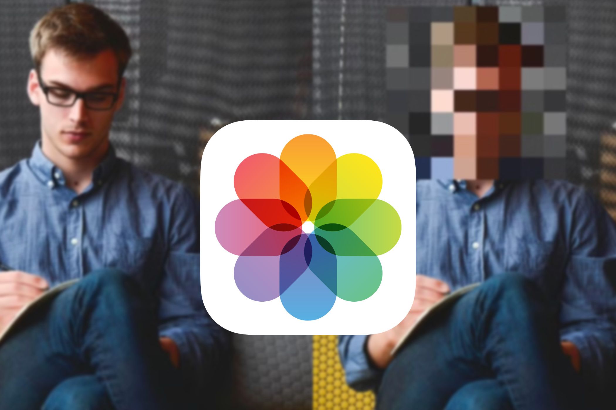 Apple Photos logo on a pixelated face before and after