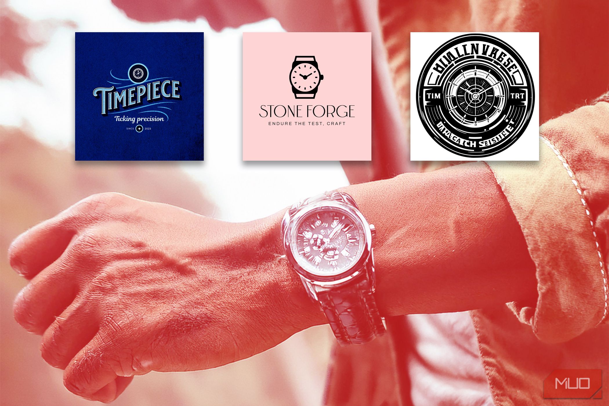 Three watch brand logos overlaid on a photo of a man's watch with a red hue