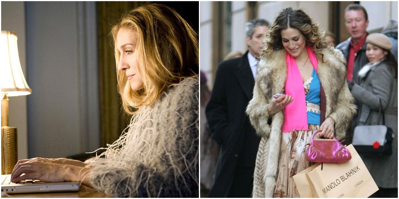 2 images from SATC - left, carrie at desk typing & right, carrie in street walking