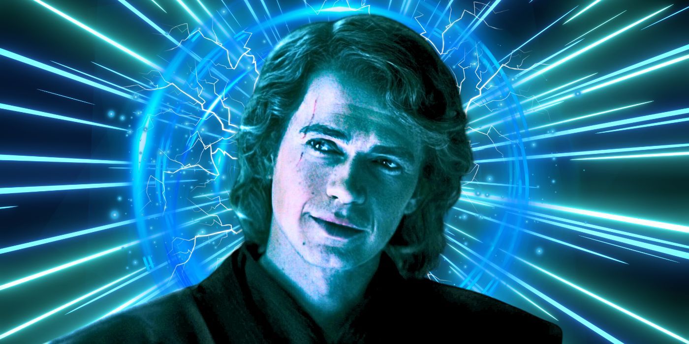 Hayden Christensen's Anakin Skywalker smiles in Ahsoka, superimposed over a dynamic blue background