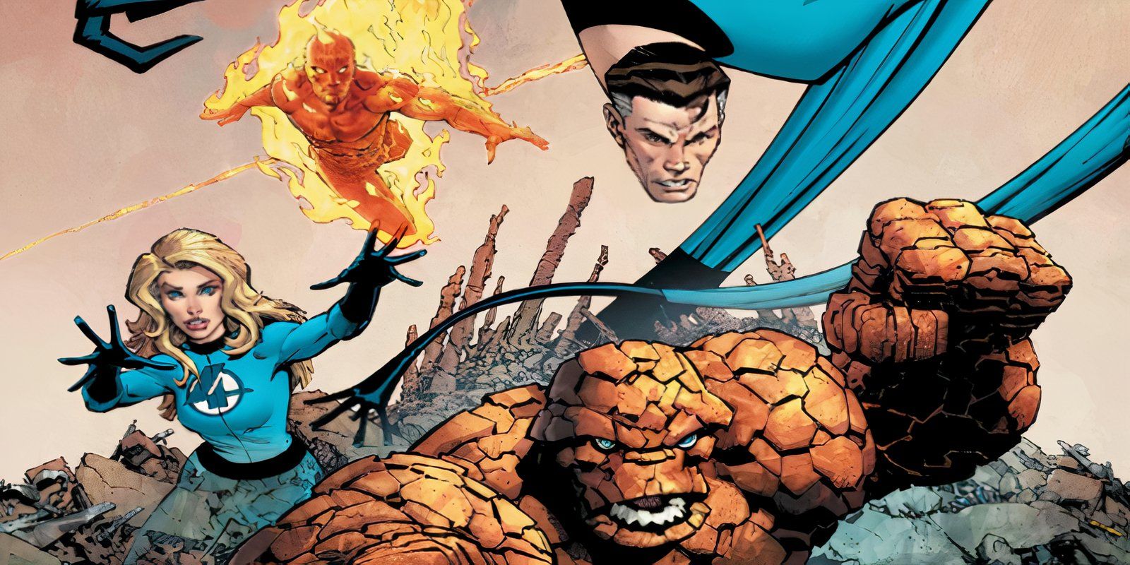 Close up of Fantastic Four running into action across an alien planet.