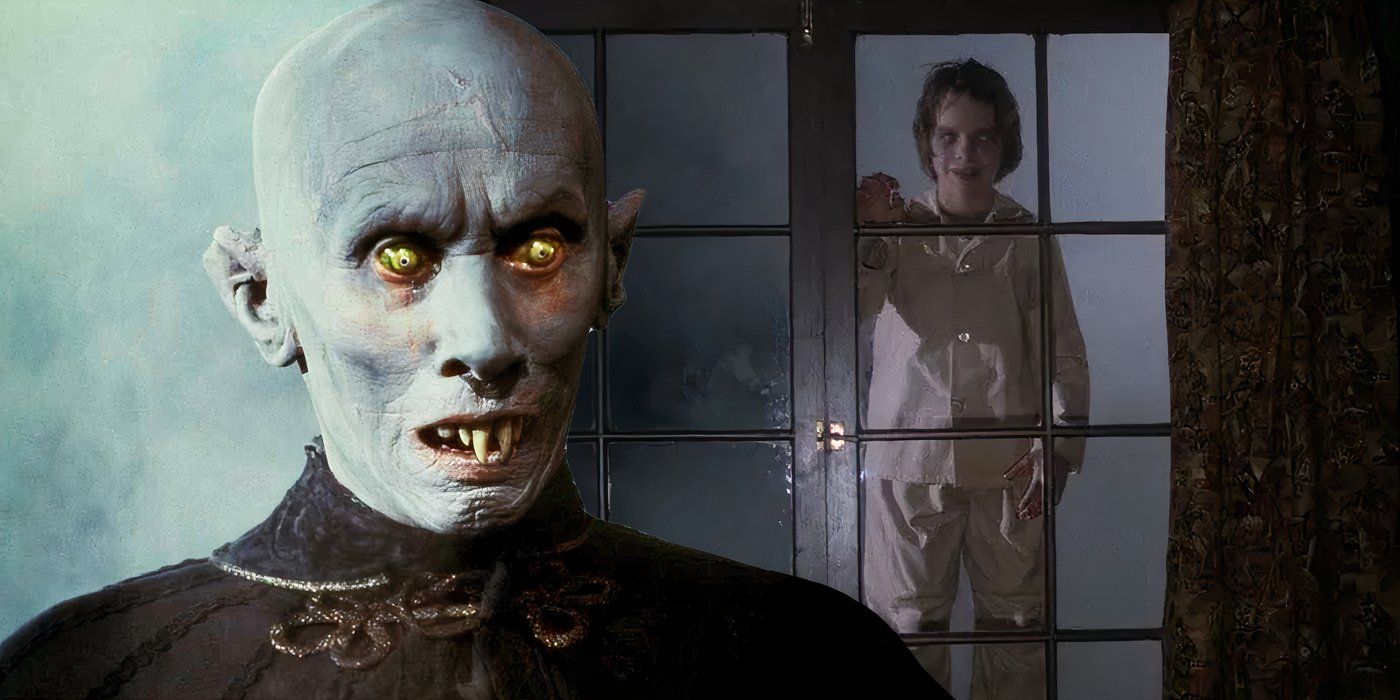 A composite image of Kurt Barlow looking on with glowing eyes in front of a young boy vampire floating outside a window in Salem's Lot