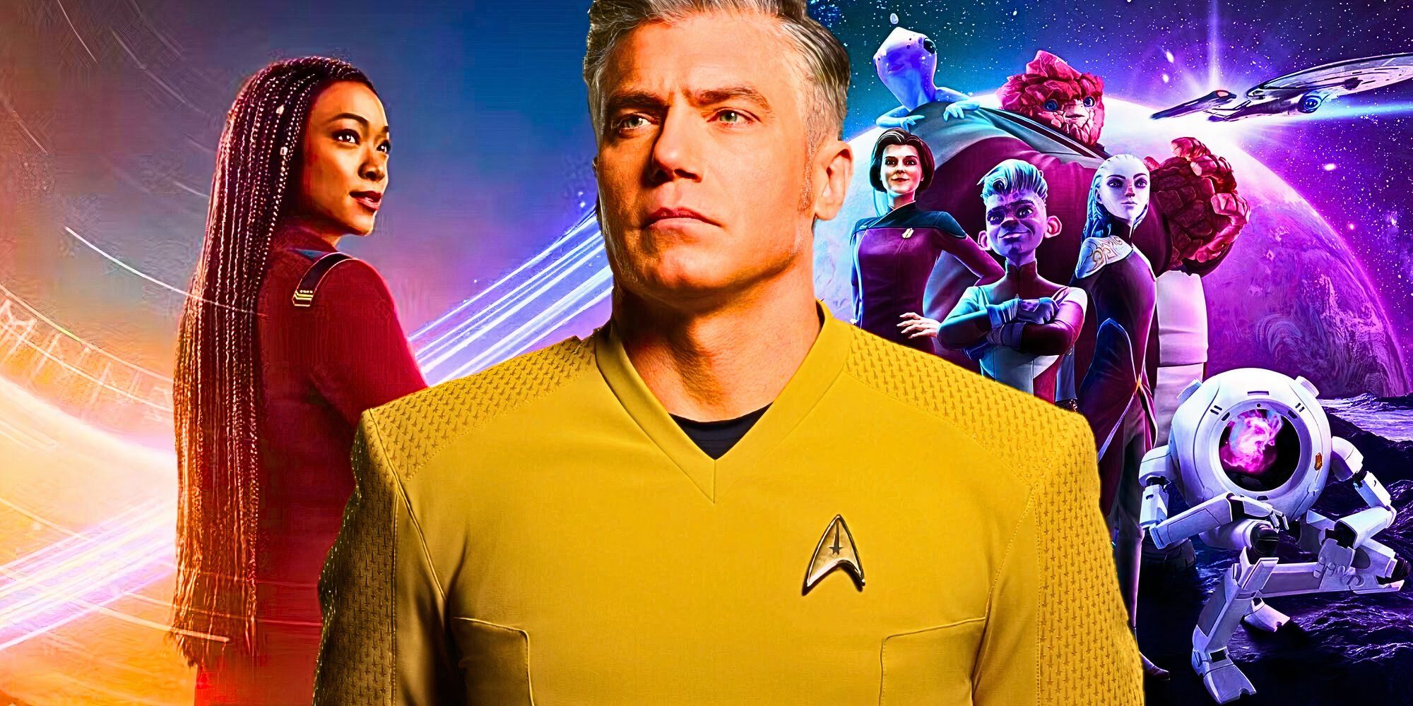 Custom Star Trek image of Sonequa Martin-Green as Captain Burnham in Discover, Anson Mount as Captain Pike in Strange New Worlds, and the crew of the USS Protostar in Prodigy