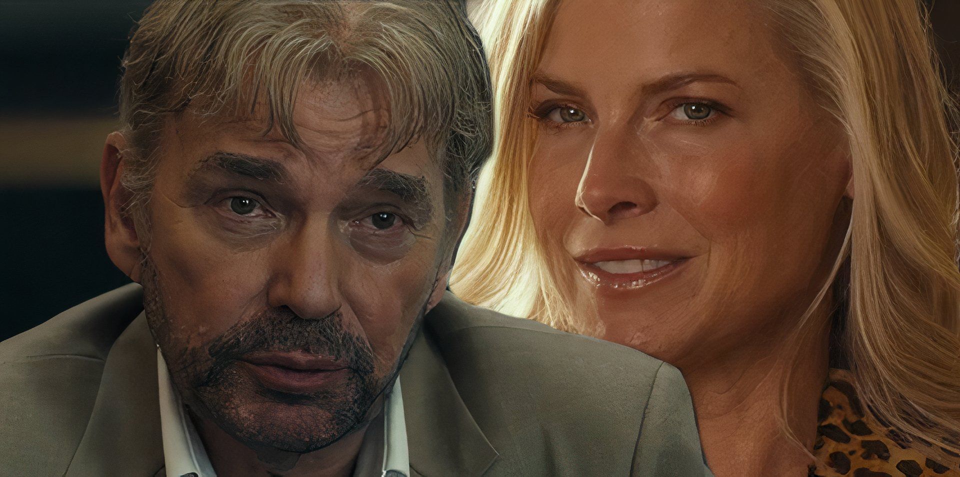 Billy Bob Thornton as Tommy speaking next to Ali Larter as Angela Norris smiling in Landman