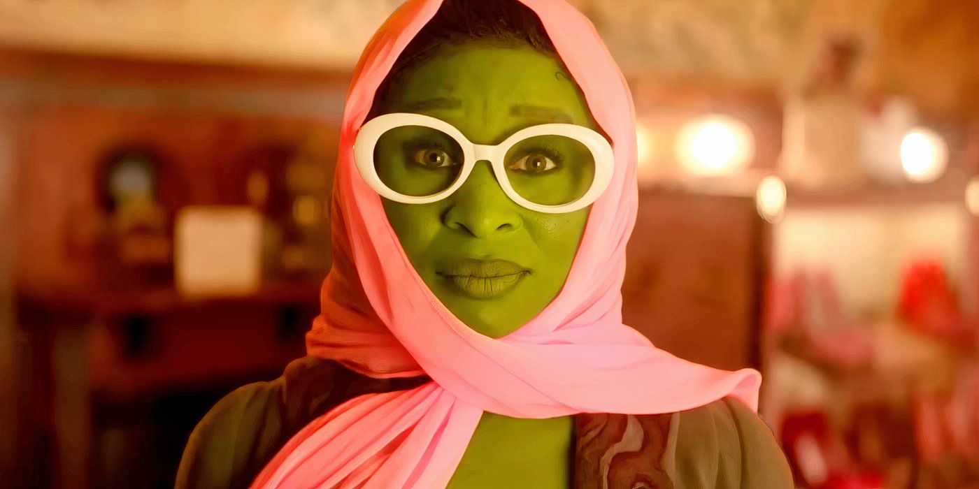 Cynthia Erivo as Elphaba wearing glasses and a head covering during the Popular musical number in Wicked