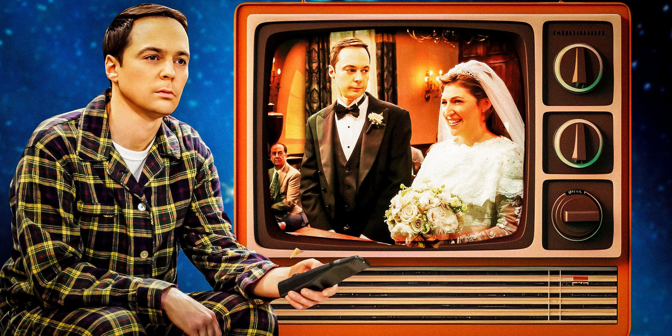 Custom image of Sheldon (Jim Parsons) holding a remote while his wedding is on TV