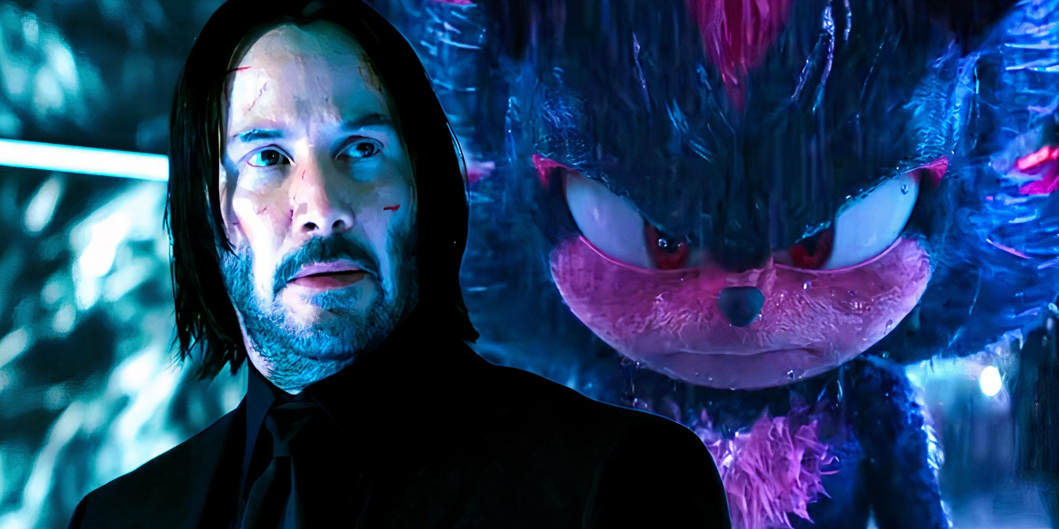 Keanu Reeves as John Wick looking intensely at Shadow walking through the rain in Shadow the Hedgehog 3