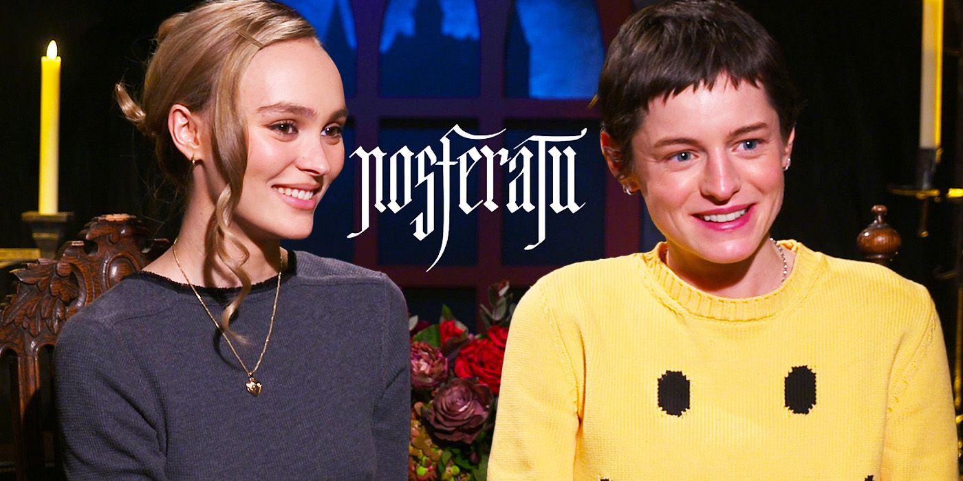 Lily-Rose Depp & Emma Corrin smiling during Nosferatu interview