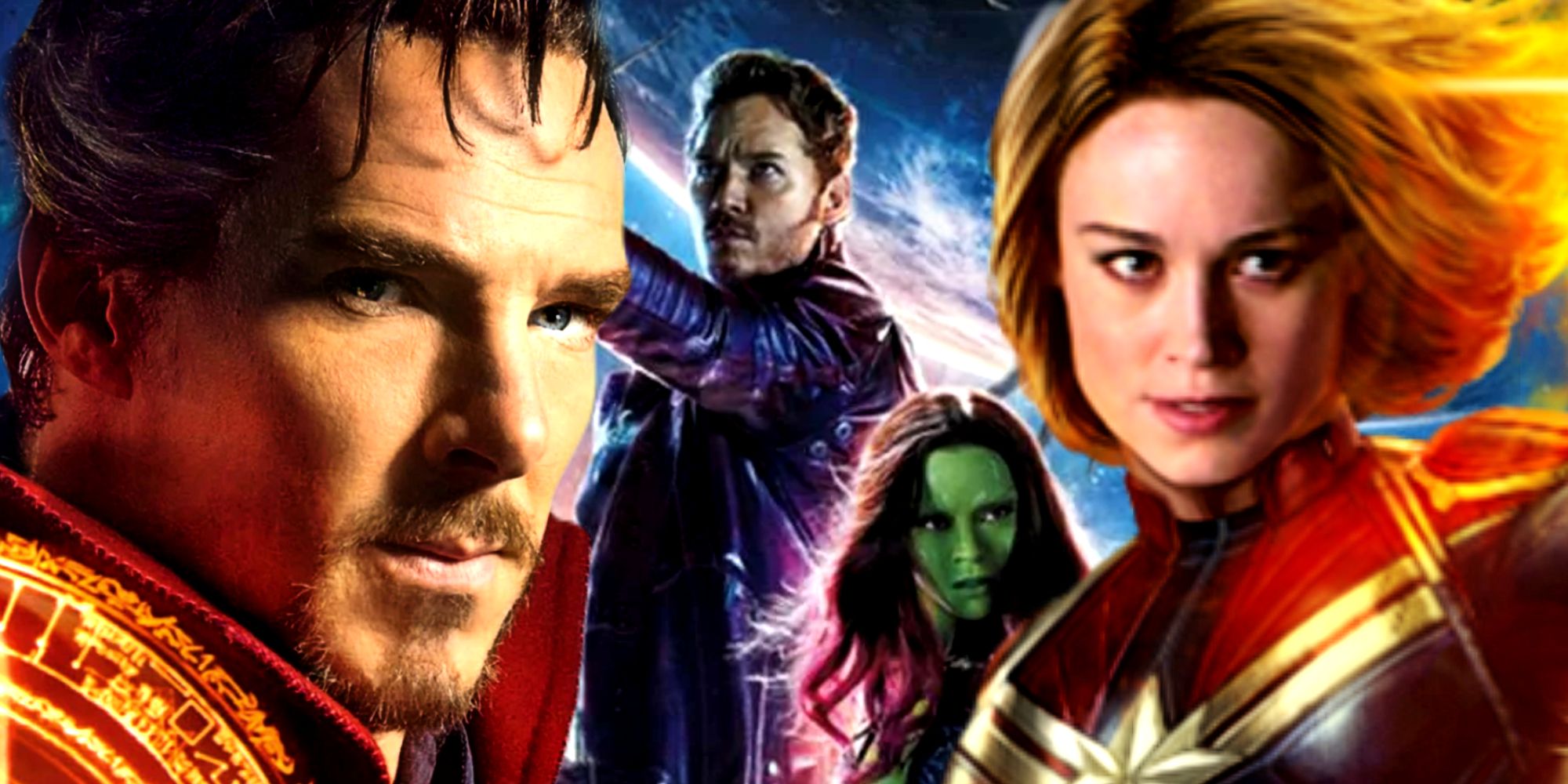 The Avengers' Doctor Strange and Captain Marvel fly in front of the Guardians of the Galaxy's Star-Lord and Gamora in space