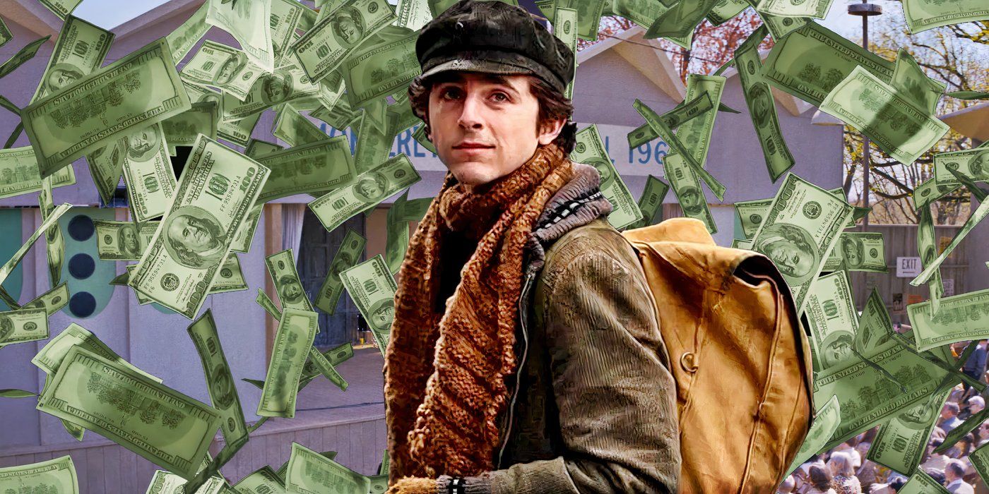 Timothée Chalamet as Bob Dylan surrounded by falling money custom image