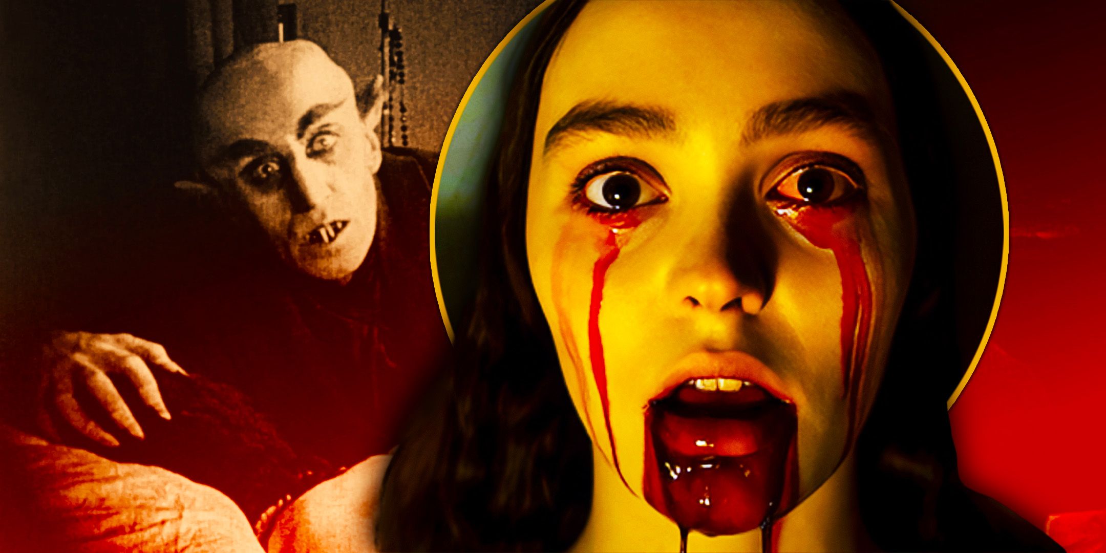 Blood is dripping out of Lily Rose Depp in Nosferatu and Count Orlok in the original Nosferatu movie