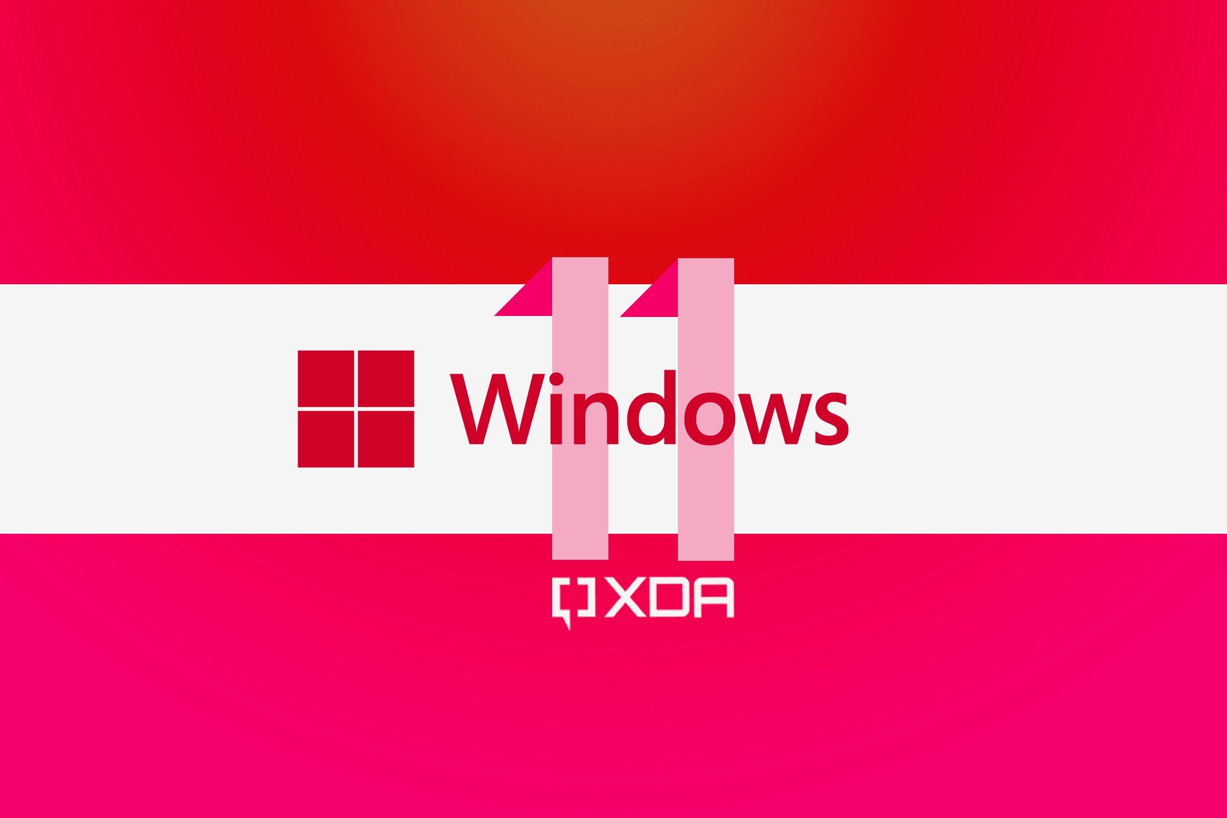 The Windows logo in red over the number 11 in pink, with a white banner behind the text. Above and below the white banner, a red and pink gradient is visible.