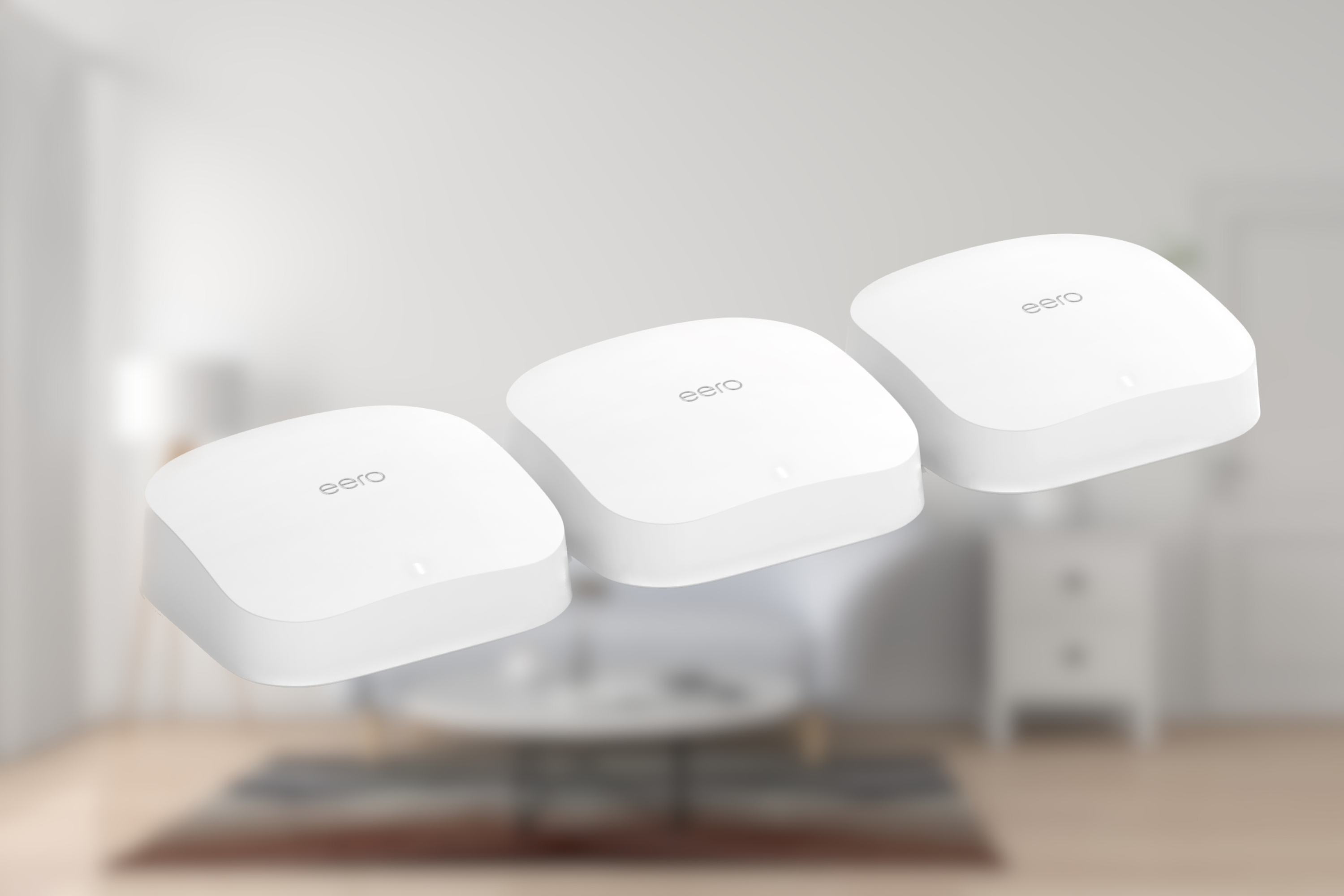 eero mesh in front of blurred living room 