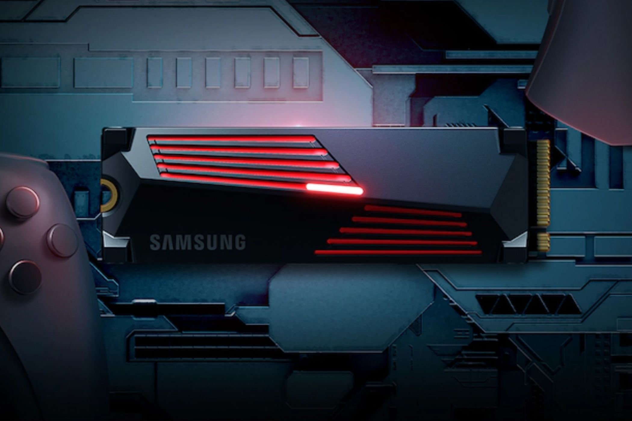 A render showing the Samsung 990 Pro SSD with heatsink.