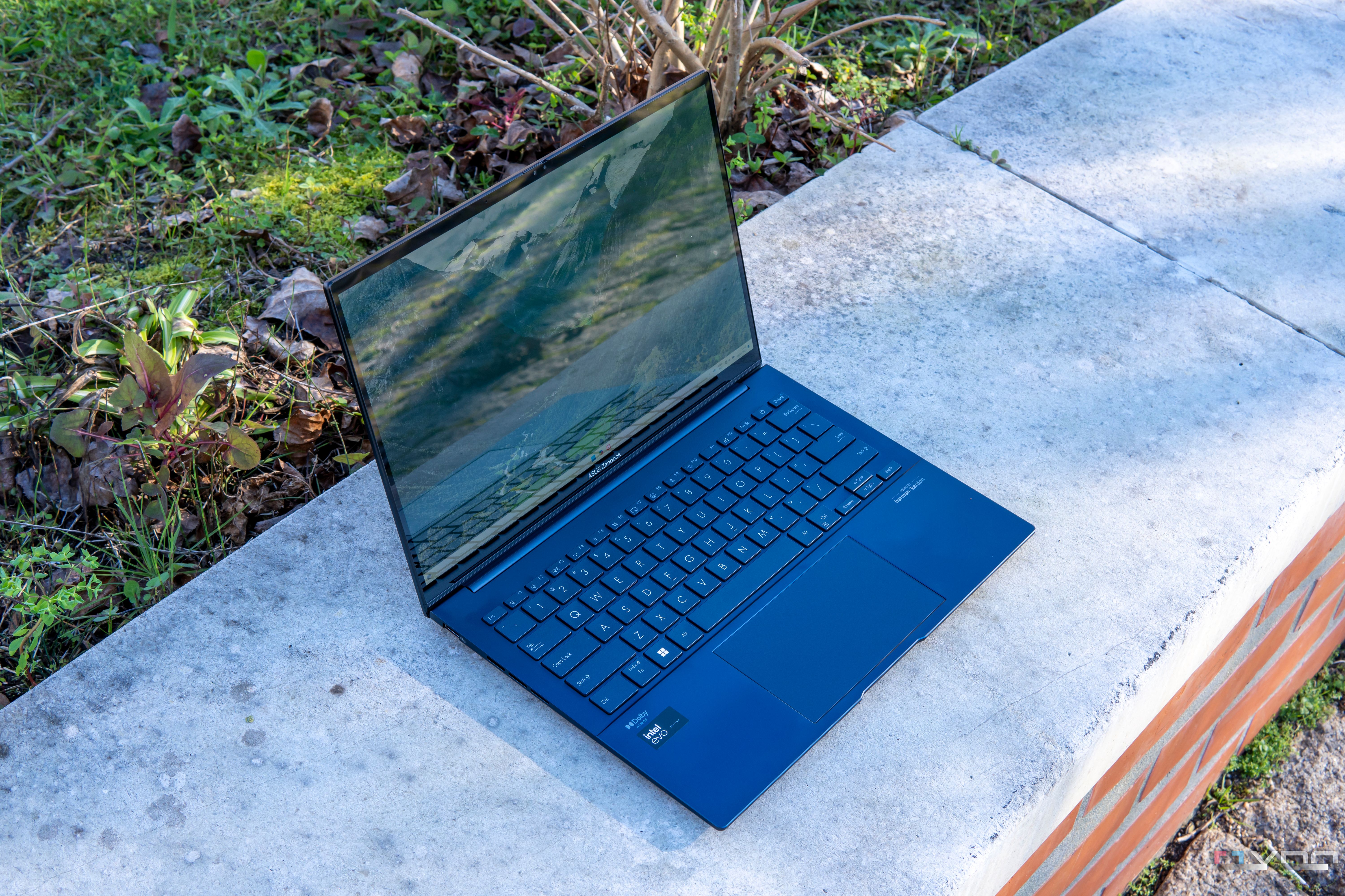 Angled view of the Asus Zenbook 14 OLED on a stone slab with grass in the background