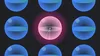 Illustration of a qubit as a pink sphere with X, Y, Z axis planes, surrounded by blue qubits on a dark background