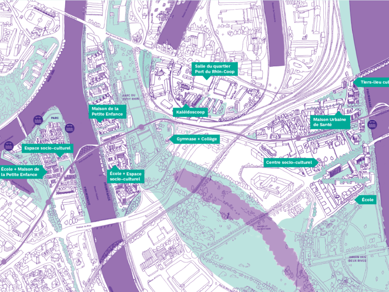 Carte des équipements publics du projet urbain (Crédits SPL Deux-Rives)