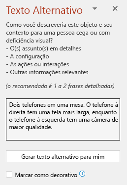 O painel de texto alternativo mostrando um exemplo de um bom texto alternativo.