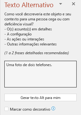 O painel de texto alternativo mostrando um exemplo de um texto alternativo incorreto.