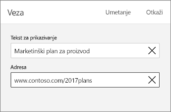 Dijalog "Veza" koji prikazuje polja "Tekst za prikaz" i "Adresa".