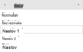 Word za Android "Stilovi naslova".