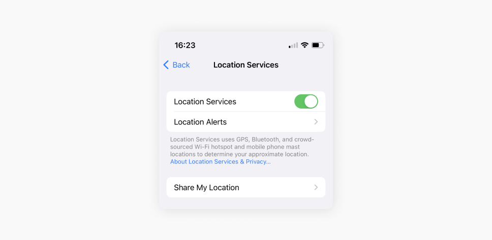 A screenshot of the Location Services tab open under the iPhone’s Settings