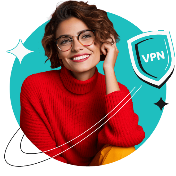 Frau mit welligem Haar und Brille in rotem Pulli und vorbeirauschendem VPN-Schild.