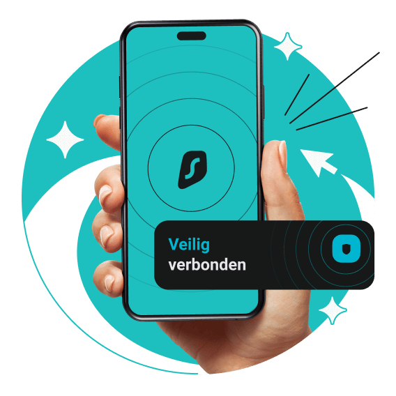 Een hand die een smartphone vasthoudt met het Surfshark-logo op het scherm; een bord ervoor zegt verbonden en veilig.