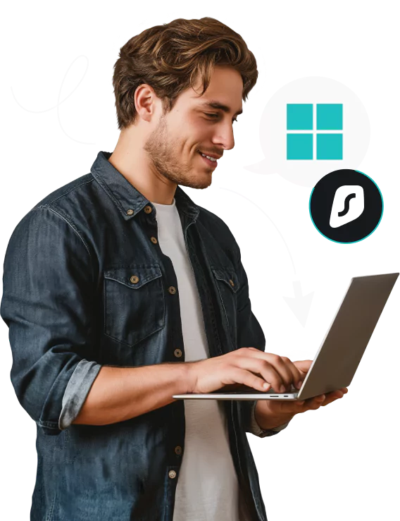Улыбающийся мужчина держит ноутбук, в облачке текста — логотип Windows и рядом — логотип Surfshark.