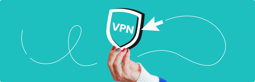 A hand holding a shield labeled VPN, partially covered by a play button, next to a cursor arrow and squiggly lines.