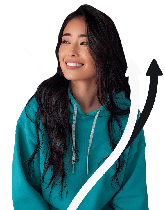 A young woman in a teal hoodie smiling, with curved arrows overlaying her and two radiant lines over her right shoulder.