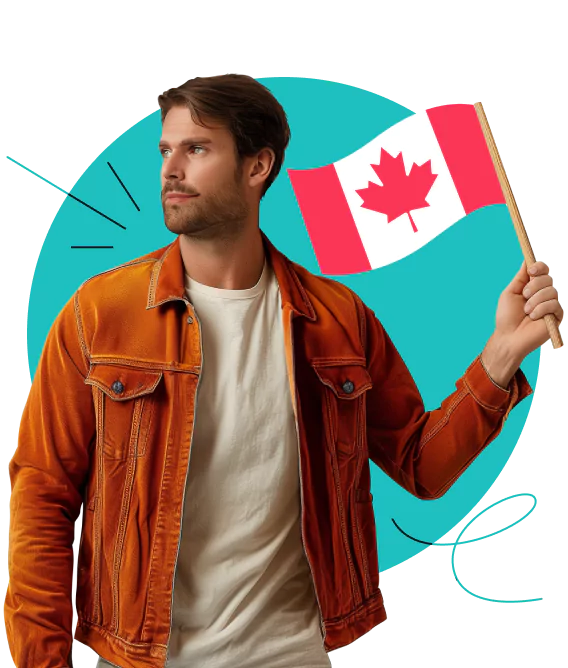 A bearded man in a white t shirt and brown jacket looking to his right and holding a Canadian flag in his left hand.