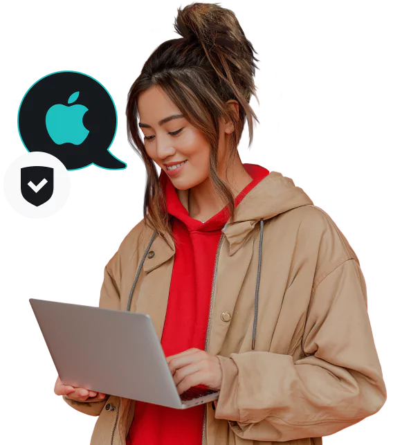 A smiling woman holding a laptop. A speech bubble with the Apple logo and a checkmarked shield next to her.