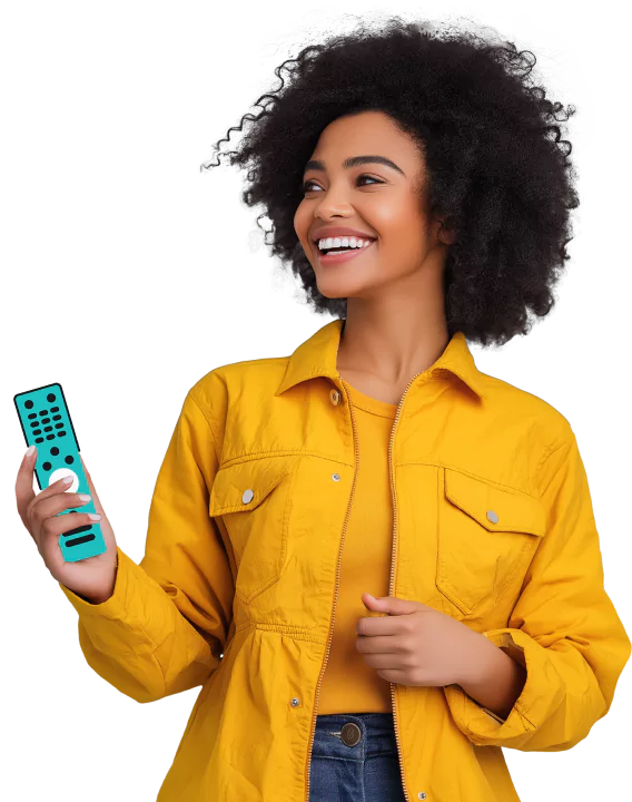 A smiling woman with curly hair in a yellow jacket holding a turquoise remote against a split black and turquoise background.