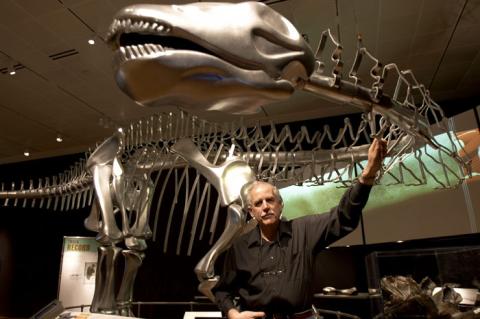 Physical DinoMorph model at the AMNH, with horizontal-neck advocate Kent Stevens.  Photograph by Rick Edwards, AMNH 