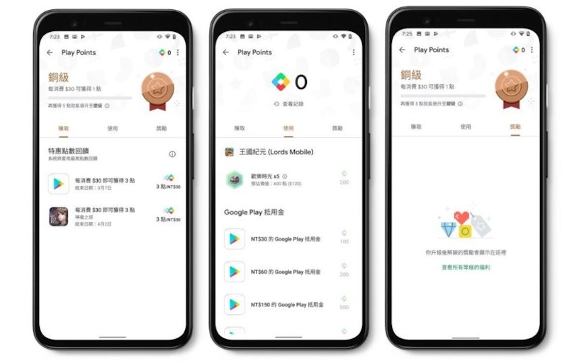 Google 在台推出 Google Play Points ，購物集點可換虛寶或購物金、點數越多等級越高集點越快(更正：台灣預計 3 月 20 開始)