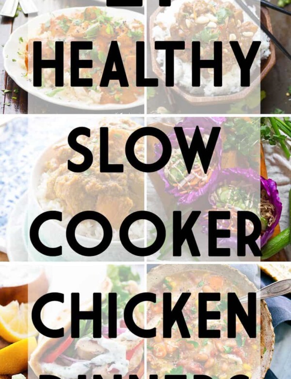 collage image of foods with text saying healthy slow cooker chicken recipes