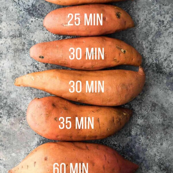 overhead shot of sweet potatoes lined up with text showing number of minutes to cook each