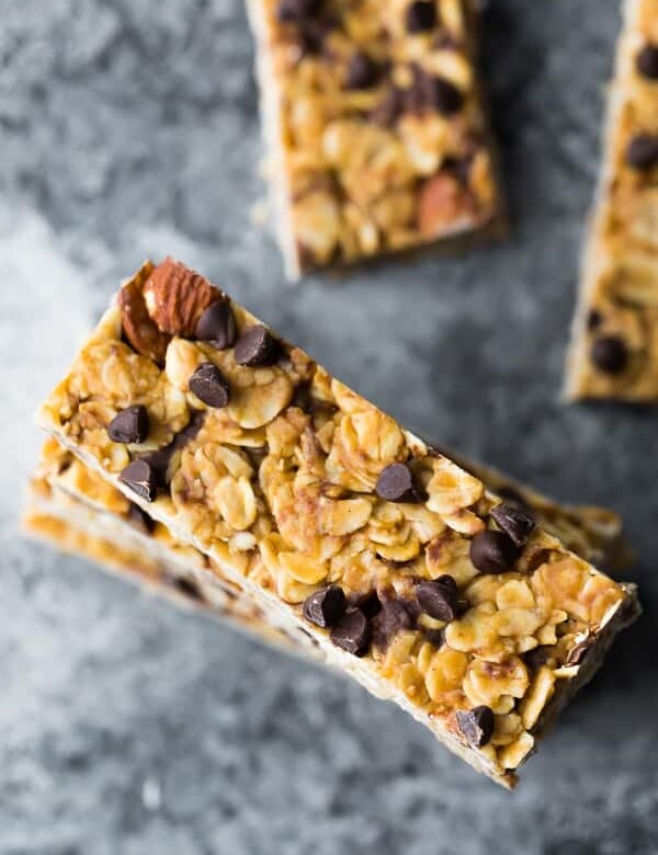 overhead shot of a stack of chewy peanut butter granola bars