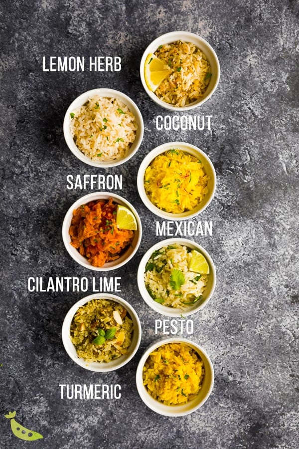 overhead shot of seven easy rice recipes with labels in white bowls