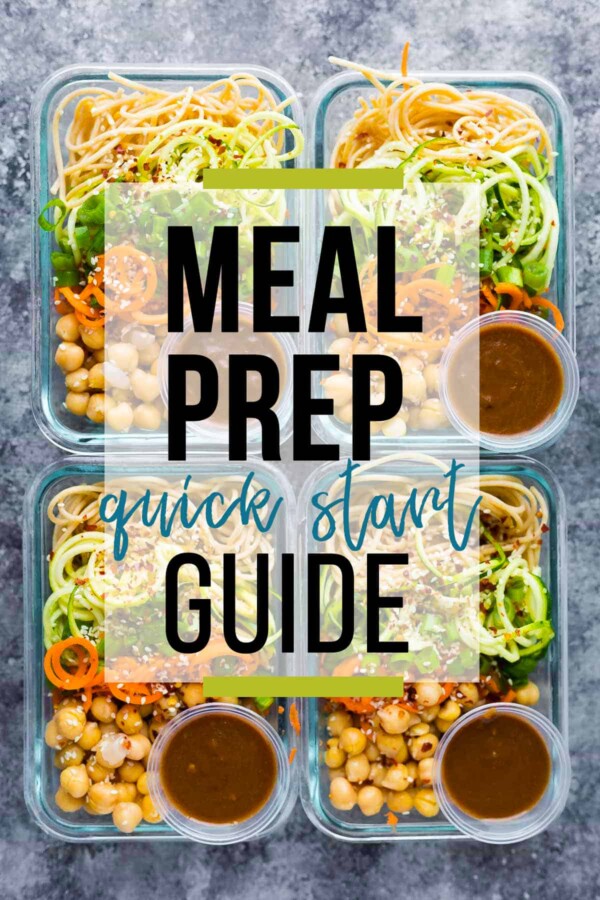 four meal prep bowls with text overlay saying meal prep quick start guide