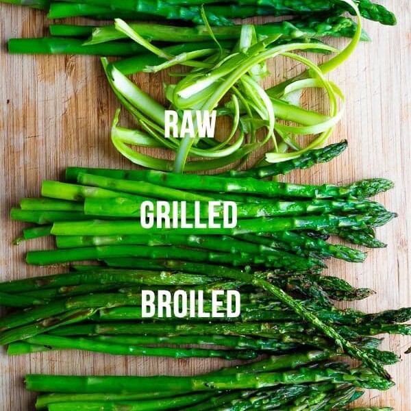 overhead shot of asparagus on cutting board with labels of different ways to cook it