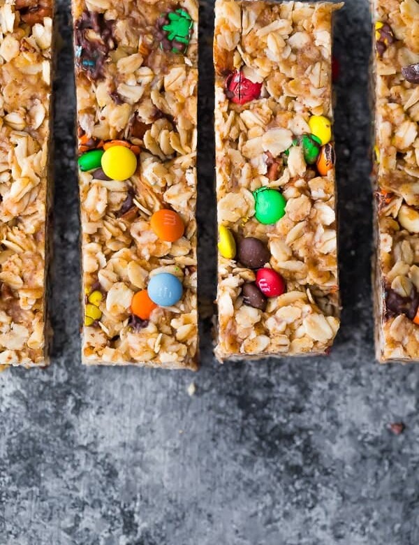 Overhead shot of four monster granola bars in a row