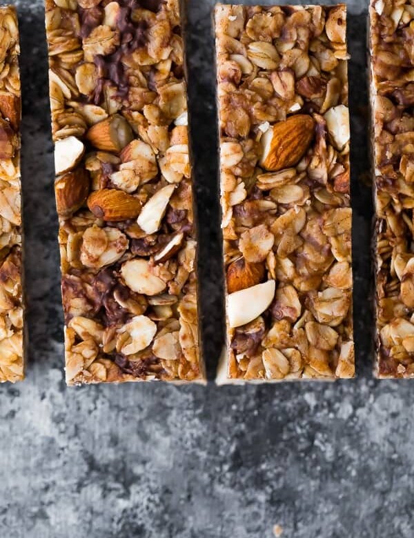 overhead shot of snickerdoodle almond butter granola bars sliced in a row