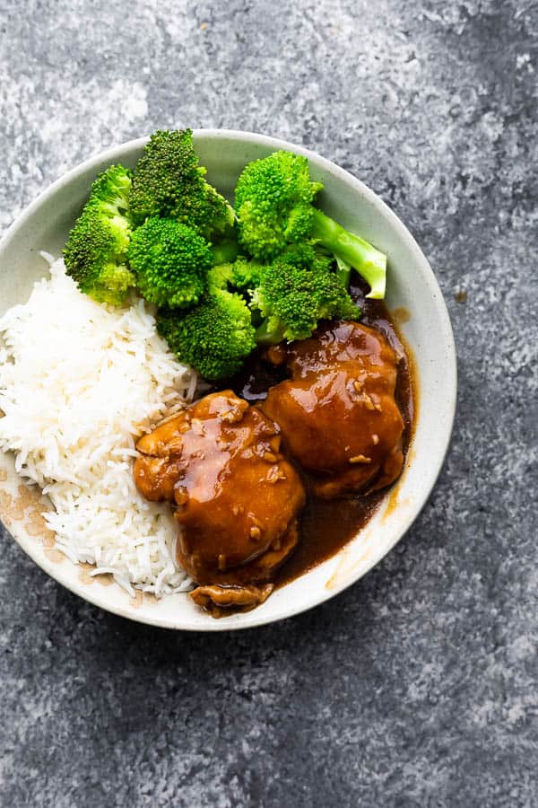 overhead view of instant pot honey garlic chicken on plate