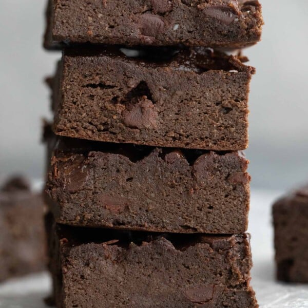 Avocado Brownies stacked on serving plate