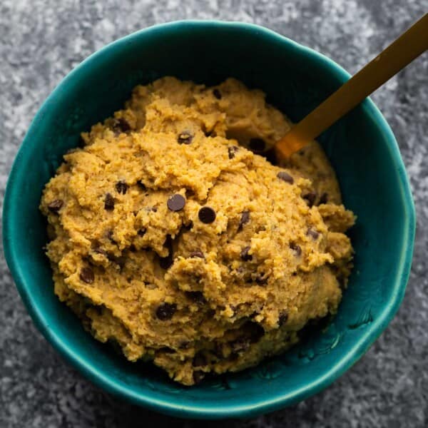 Chickpea Cookie Dough served blue bowl