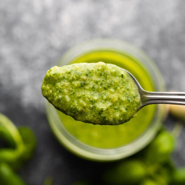 Classic Basil Pesto closeup on spoon