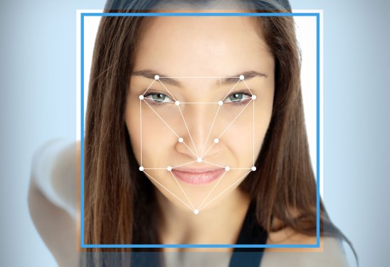 Female face with lines from a facial recognition software